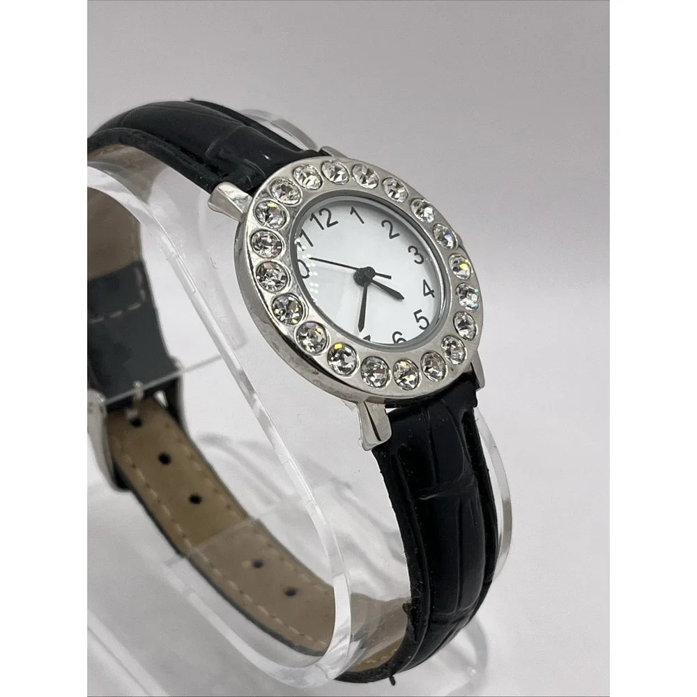 Avon Women's Quartz Watch Rhinestone‎ Bezel Black Band 30mm- New Battery
